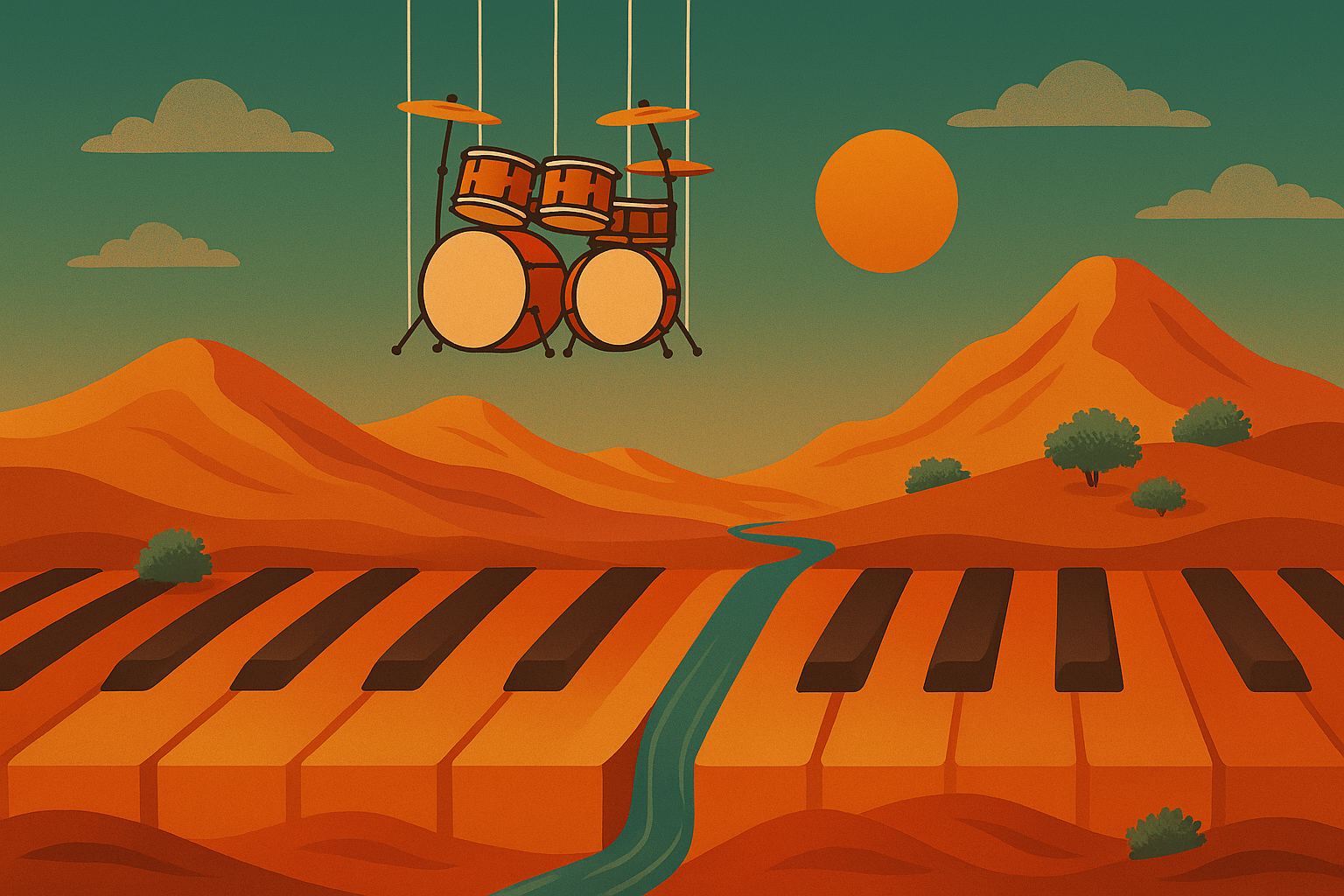Illustration of a drum kit and keyboard in a desert landscape with mountains